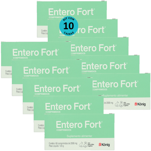 Entero Fort 2000mg Com 60 Comprimidos Para Cães e Gatos Kit Com 10